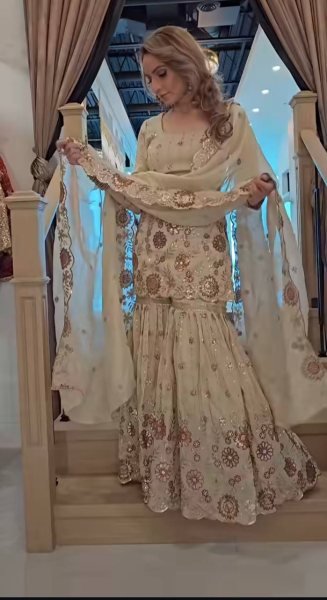 White Chinon Silk Sharara Suit with Sequin Work For Pakistani Wear Ready To Wear Collection