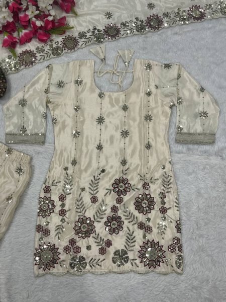 White Chinon Silk Sharara Suit with Sequin Work For Pakistani Wear Ready To Wear Collection