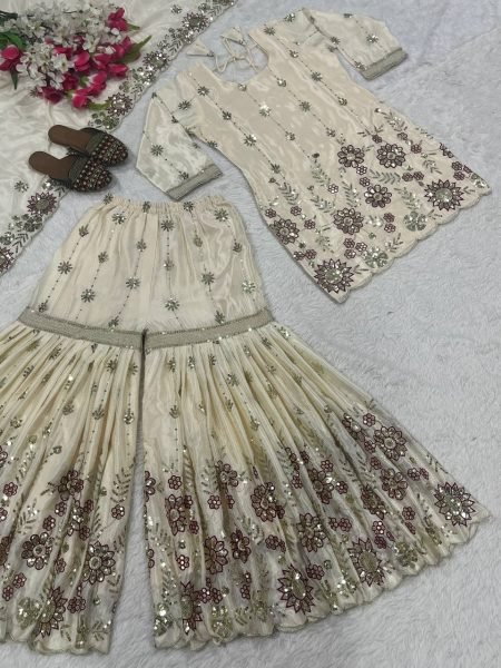 White Chinon Silk Sharara Suit with Sequin Work For Pakistani Wear Ready To Wear Collection