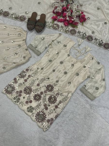 White Chinon Silk Sharara Suit with Sequin Work For Pakistani Wear Ready To Wear Collection