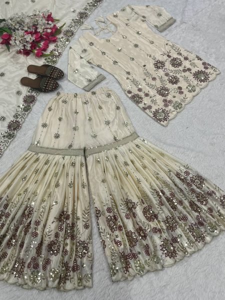 White Chinon Silk Sharara Suit with Sequin Work For Pakistani Wear Ready To Wear Collection