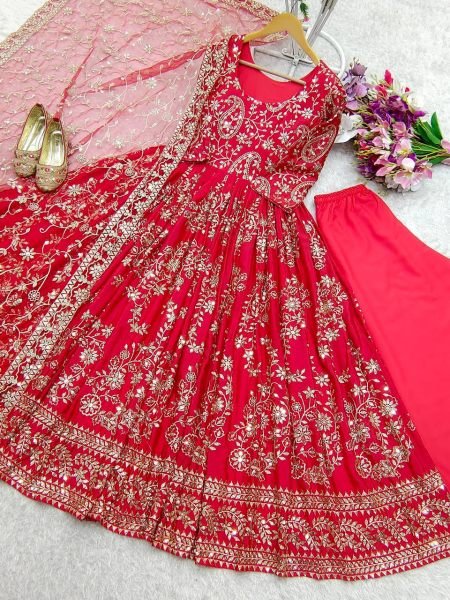 Heavy Chinon Silk Embroidered Gown Pant Dupatta Set Wholesale Ethnic Wear Ready To Wear Collection