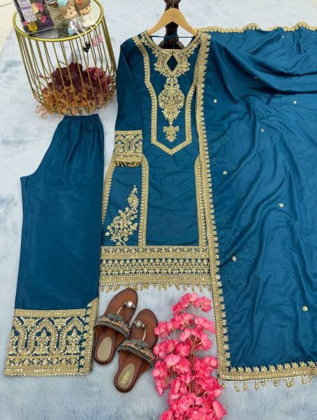 Heavy Chinon Silk kurti Eith Embroidered salwar And Dupatta Set Ready To Wear Collection