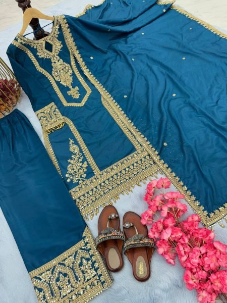 Heavy Chinon Silk kurti Eith Embroidered salwar And Dupatta Set Ready To Wear Collection