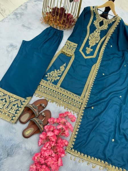 Heavy Chinon Silk kurti Eith Embroidered salwar And Dupatta Set Ready To Wear Collection