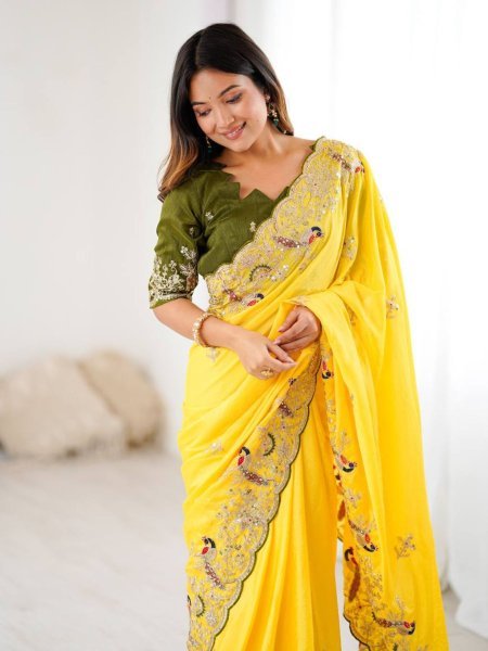 Heavy Chinon Silk Saree with Peacock Cording Embroidery work for Haldi Wear Embroidery Sarees Wholesale