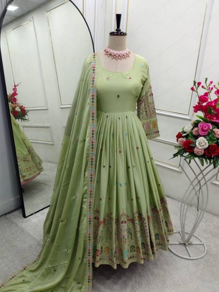 Pista Green Chinon Anarkali Gown Set with Heavy Dori & Sequin Work Ideal for Festive Functions Kurtis