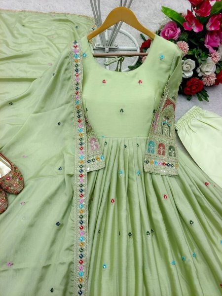 Pista Green Chinon Anarkali Gown Set with Heavy Dori & Sequin Work Ideal for Festive Functions Anarkali Kurtis 