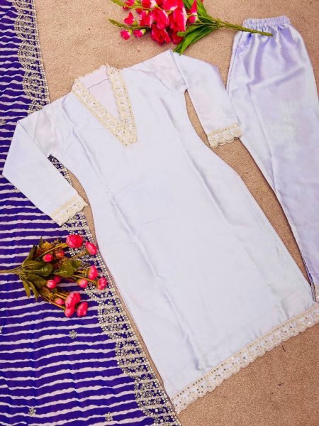 Heavy Creap Embroidery Sequence Work Kurti Pant With Dupatta  3 Piece Kurti Set