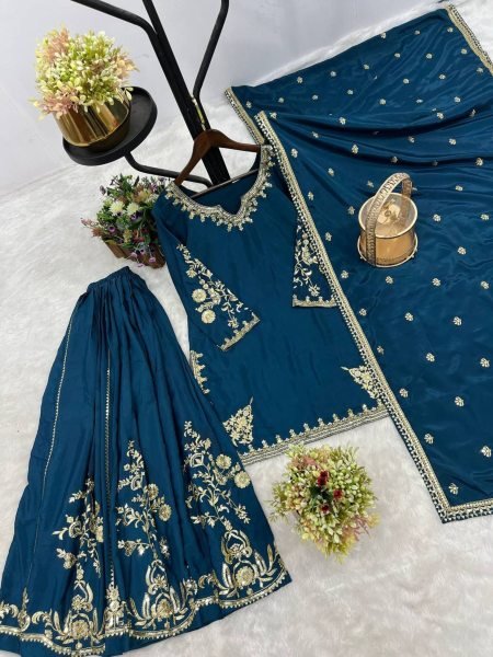 Heavy Crepe Embroidered Suit with Palazzo and Dupatta Elegant Wedding Look 