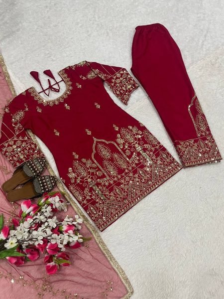 Heavy Crepe Silk Embroidered Suit Set with Dupatta Stylish Wedding Look Ready To Wear Collection