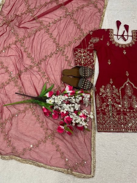 Heavy Crepe Silk Embroidered Suit Set with Dupatta Stylish Wedding Look Ready To Wear Collection