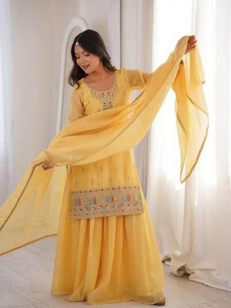 Heavy Crunchy Silk Embroidered Sharara Suit for Eid Festive Traditional Wear Wholesale UK USA 