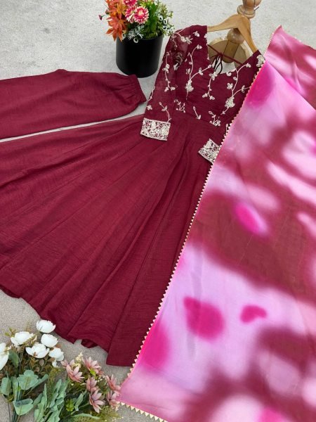 Heavy Crunchy Silk Embroidered Gown with Palazzo and Dupatta Ready to Wear Festival Outfit Anarkali Kurtis 