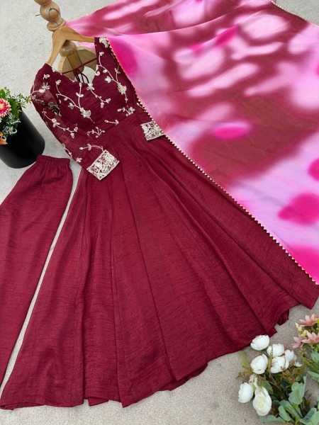 Heavy Crunchy Silk Embroidered Gown with Palazzo and Dupatta Ready to Wear Festival Outfit Anarkali Kurtis 