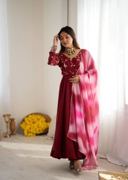 Heavy Crunchy Silk Embroidered Gown with Palazzo and Dupatta Ready to Wear Festival Outfit Anarkali Kurtis 