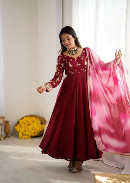 Heavy Crunchy Silk Embroidered Gown with Palazzo and Dupatta Ready to Wear Festival Outfit Anarkali Kurtis 