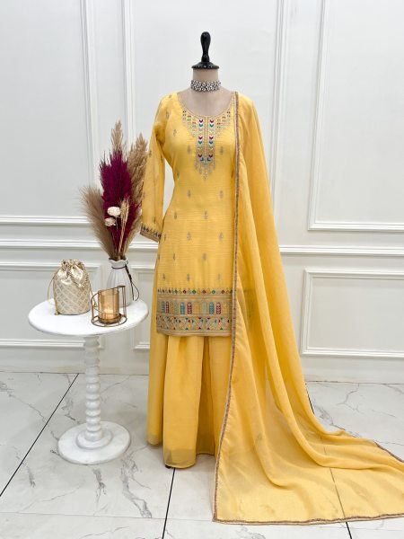 Heavy Crunchy Silk Embroidered Sharara Suit for Eid Festive Traditional Wear Wholesale UK USA Ready To Wear Collection