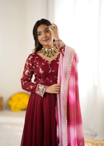 Heavy Crunchy Silk Embroidered Gown with Palazzo and Dupatta Ready to Wear Festival Outfit Anarkali Kurtis 