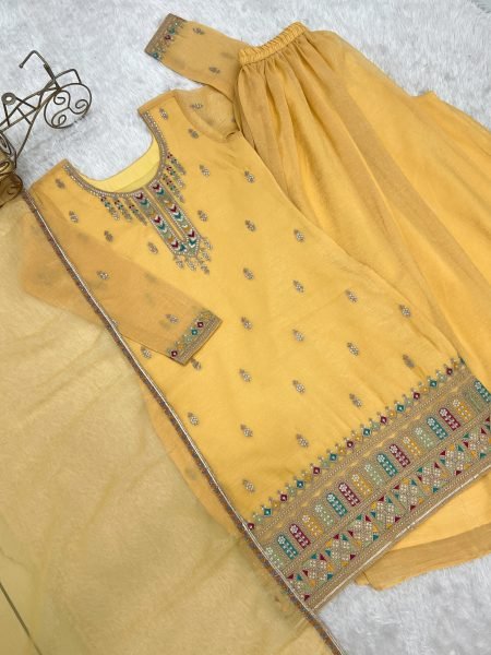 Heavy Crunchy Silk Embroidered Sharara Suit for Eid Festive Traditional Wear Wholesale UK USA Ready To Wear Collection