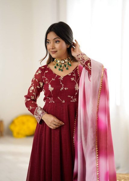 Heavy Crunchy Silk Embroidered Gown with Palazzo and Dupatta Ready to Wear Festival Outfit Anarkali Kurtis 