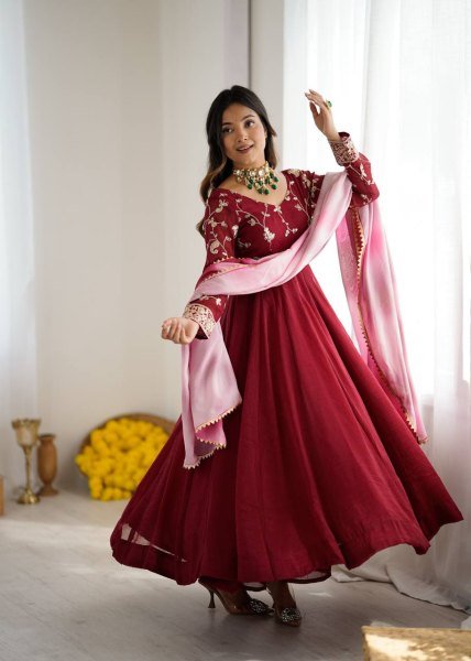 Heavy Crunchy Silk Embroidered Gown with Palazzo and Dupatta Ready to Wear Festival Outfit Anarkali Kurtis 