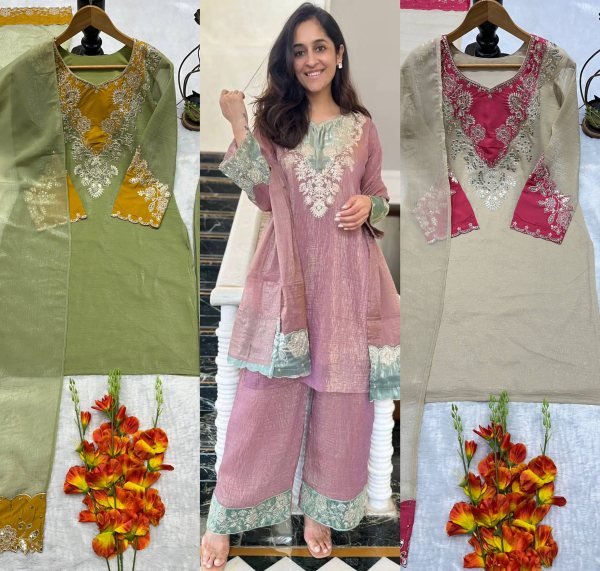 Heavy Crunchy Silk Straight Cut Suit with Palazzo and Embroidery Dupatta For Reseller Ethnic Party Wear  Ready To Wear Collection