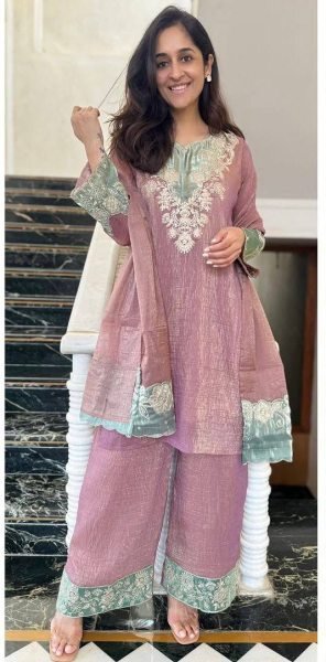 Heavy Crunchy Silk Straight Cut Suit with Palazzo and Embroidery Dupatta For Reseller Ethnic Party Wear  Ready To Wear Collection