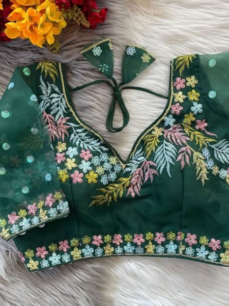 Heavy Dark Green Blouse in Soft Silk & Net with Designer Finish Wholesale Price