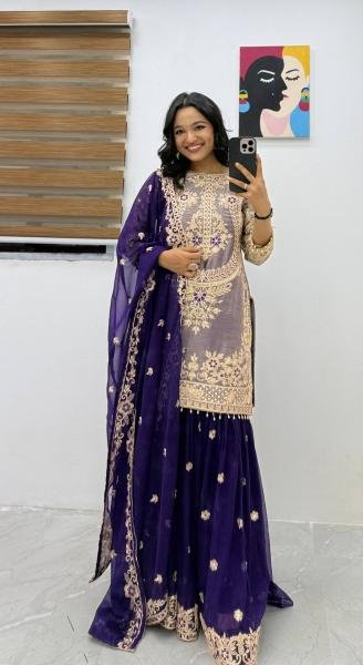 Heavy Dark Purple Crunchy Silk Embroidered Suit With Palazzo Set At Best Rates Ready To Wear Collection