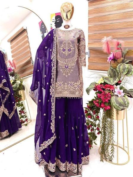Heavy Dark Purple Crunchy Silk Embroidered Suit With Palazzo Set At Best Rates Ready To Wear Collection