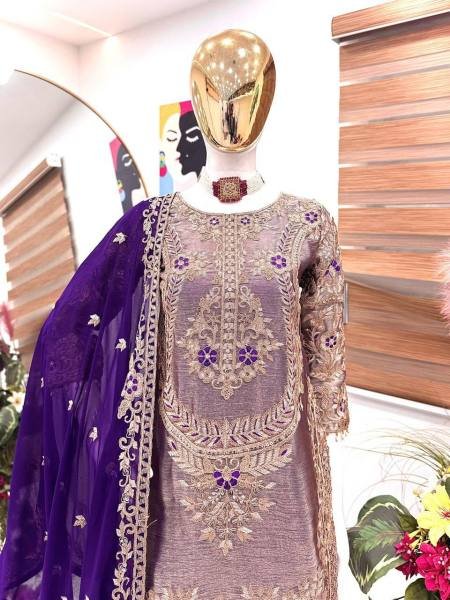 Heavy Dark Purple Crunchy Silk Embroidered Suit With Palazzo Set At Best Rates Ready To Wear Collection