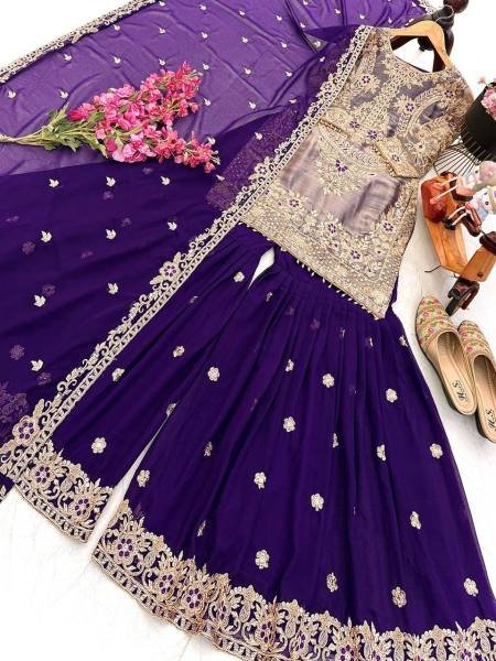 Heavy Dark Purple Crunchy Silk Embroidered Suit With Palazzo Set At Best Rates Ready To Wear Collection