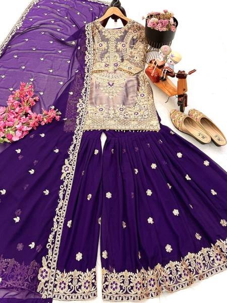 Heavy Dark Purple Crunchy Silk Embroidered Suit With Palazzo Set At Best Rates Ready To Wear Collection