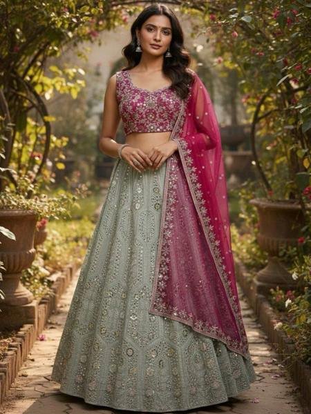 Heavy Embroidered Georgette Lehenga Choli With Butterfly Net Dupatta For Bridal Wear 
