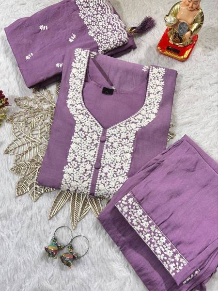 Heavy Embroidered Muslin Kurti Set with Pants and Dupatta for Women Kurtis
