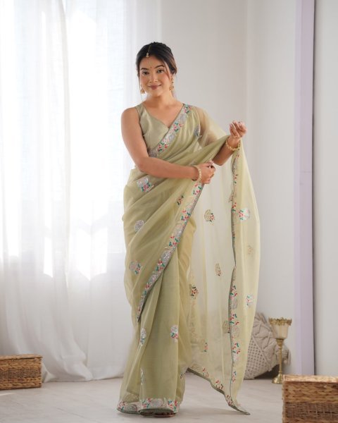 Heavy Embroidered Net Saree with Sequence & Thread Work Party Wear Collection with Blouse for Resellers Embroidery Sarees Wholesale