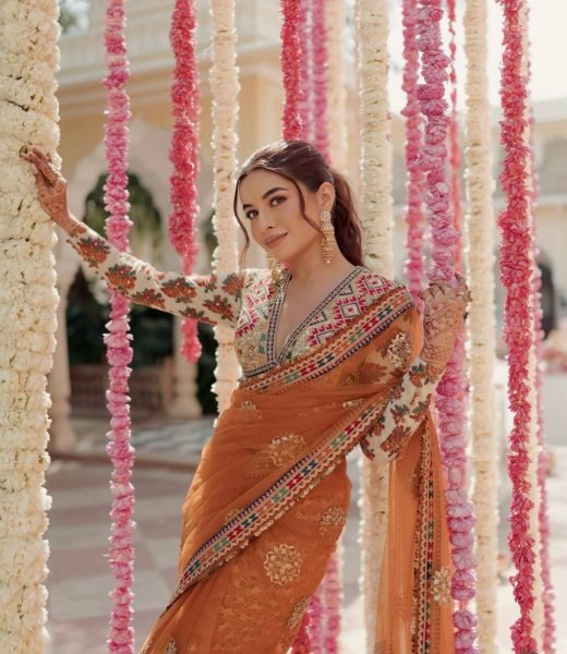 Bridal Look Orange Net Saree with Heavy Embroidery & Stitched Silk Blouse Ready to Wear Designer Wedding Sarees Wholesale