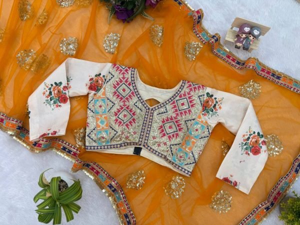 Bridal Look Orange Net Saree with Heavy Embroidery & Stitched Silk Blouse Ready to Wear Designer Wedding Sarees Wholesale