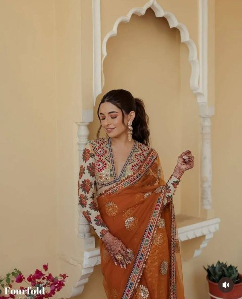 Bridal Look Orange Net Saree with Heavy Embroidery & Stitched Silk Blouse Ready to Wear Designer Wedding Sarees Wholesale
