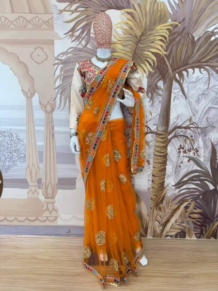 Bridal Look Orange Net Saree with Heavy Embroidery & Stitched Silk Blouse Ready to Wear Designer Wedding Sarees Wholesale