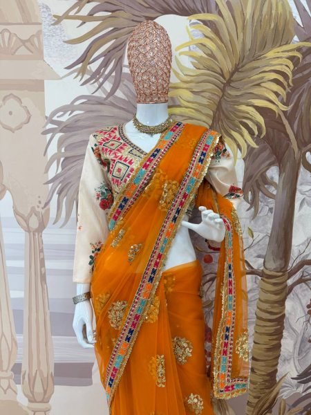 Bridal Look Orange Net Saree with Heavy Embroidery & Stitched Silk Blouse Ready to Wear Designer Wedding Sarees Wholesale