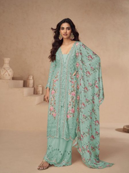 Heavy Embroidered Real Vichitra Sharara Set with Floral Dupatta Ideal for Wedding Occasions Salwar Kameez