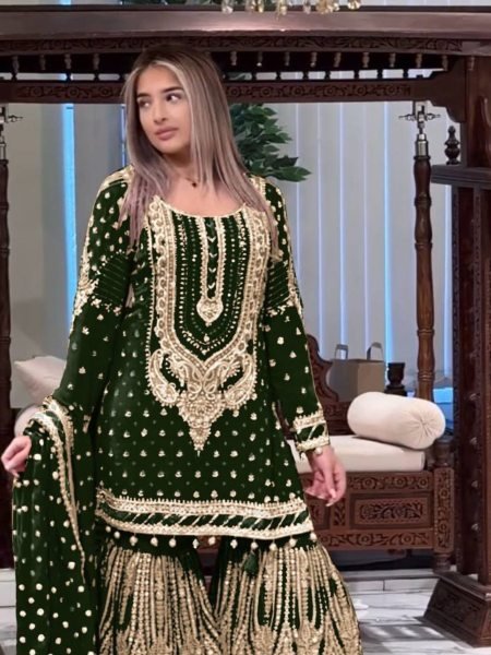 Heavy Embroidered Sharara in Green Georgette With Sequence Embroidery Pakistani Suit Ready To Wear Suit