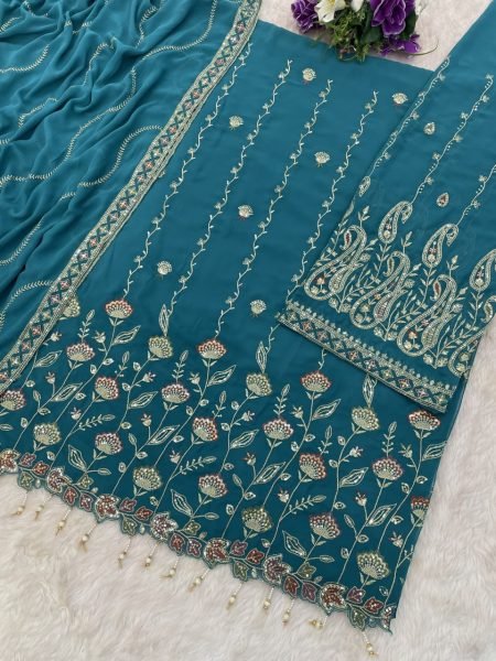 Heavy Embroidered Work Georgette Sharara Suit In Firozi For Women Designer Plazzo Salwar Suits Wholesale