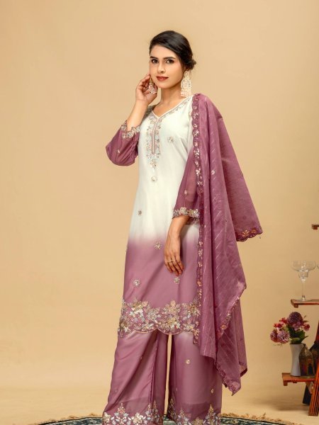 Heavy Embroidery Beads Work Georgette Kurti Palazzo Dupatta Set Ready To Wear Suit