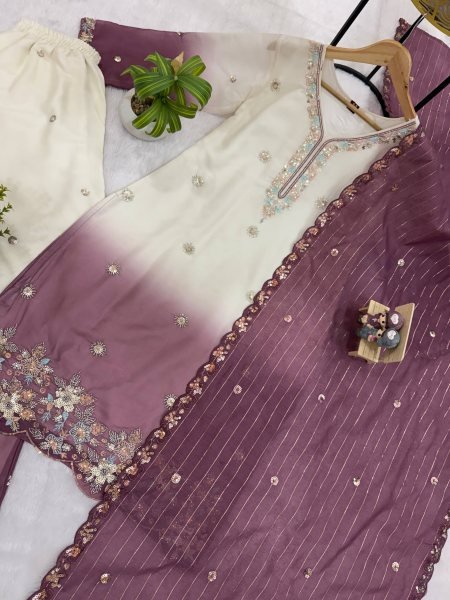Heavy Embroidery Beads Work Georgette Kurti Palazzo Dupatta Set Ready To Wear Collection