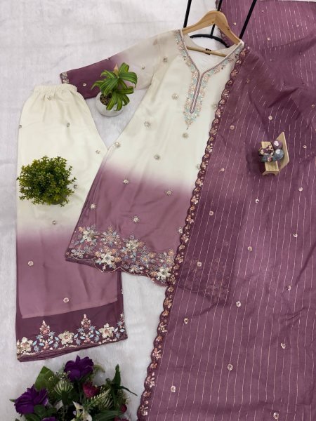 Heavy Embroidery Beads Work Georgette Kurti Palazzo Dupatta Set Ready To Wear Collection