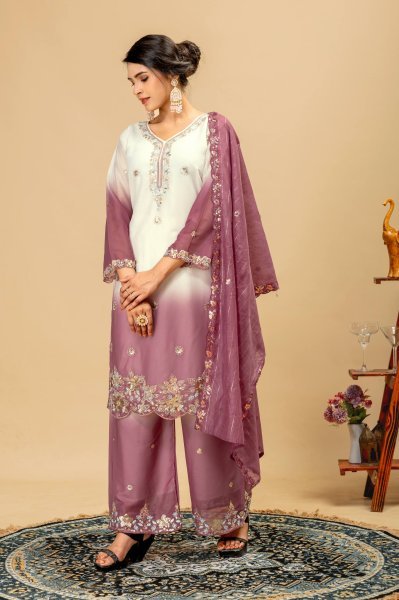 Heavy Embroidery Beads Work Georgette Kurti Palazzo Dupatta Set Ready To Wear Collection