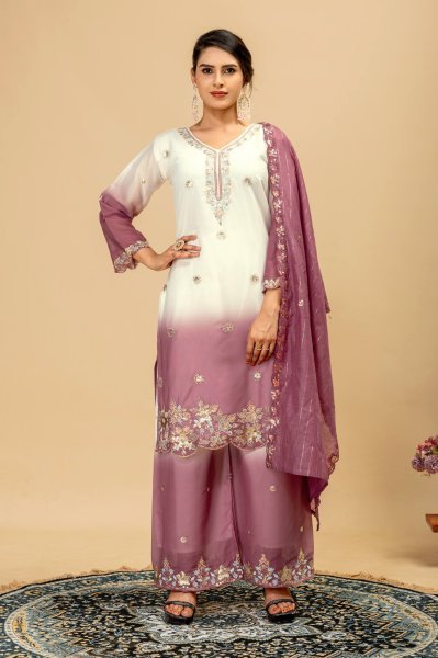 Heavy Embroidery Beads Work Georgette Kurti Palazzo Dupatta Set Ready To Wear Collection